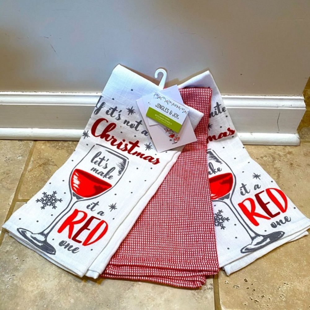 3 PC Christmas Holiday Red and White Kitchen Towels